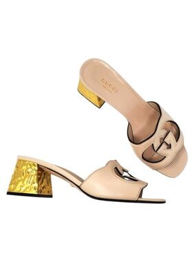 Gucci Sandals Interlocking G Cut-Out Leather Light Nude Gold Heel Size 37 US 7